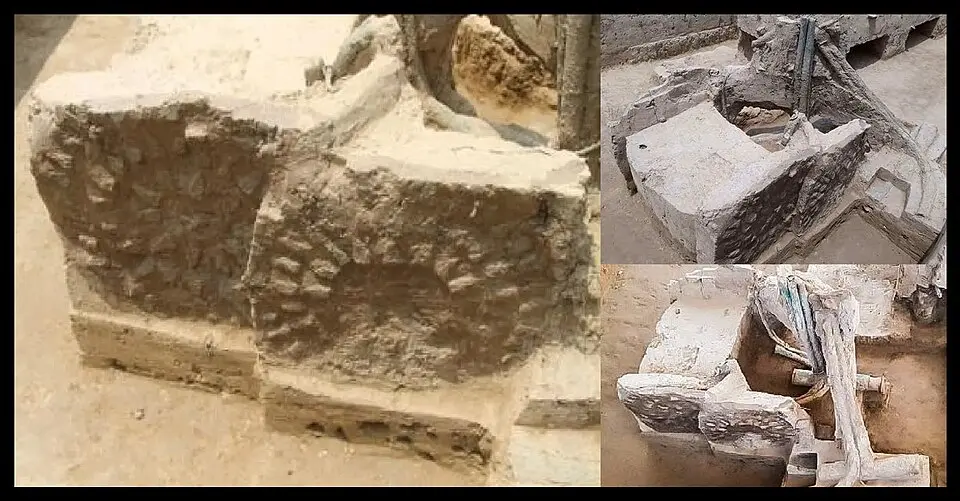 A chariot from Sinauli: Excavation at Sinauli, in Baghpat district, found spoked wheel chariots of the post Harappan period.