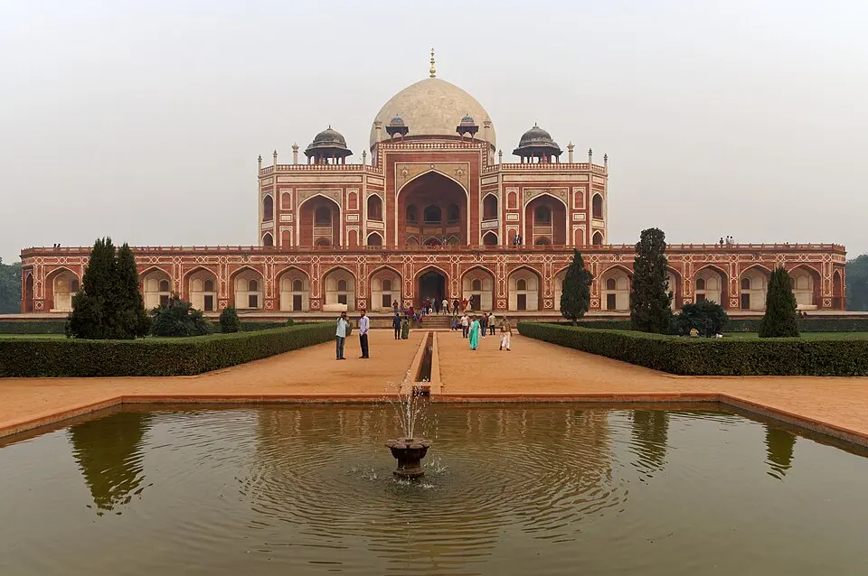 Humayun's tomb, Delhi: The tomb built from 1565 to 1572 by Bega Begum, India's first monumental garden tomb, in red sandstone with marble inlay under a double dome.