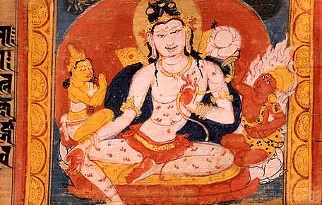 Painted folio of an Ashtasahasrika Prajnaparamita manuscript showing the Bodhisattva Avalokiteshvara
