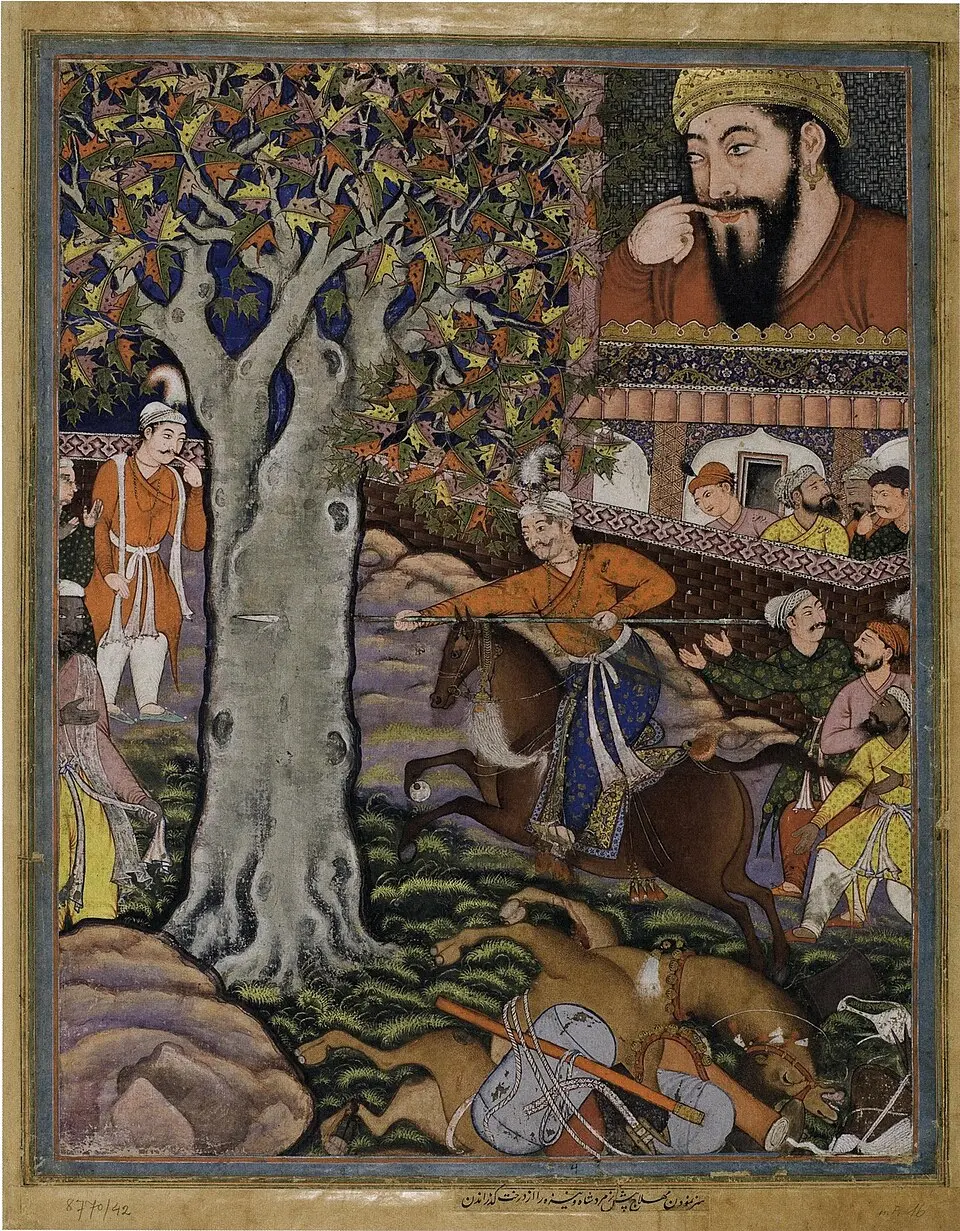 A page of the Hamzanama: A crowded action scene attributed to Basawan, from the Hamzanama, the founding monument of Akbar's workshop.