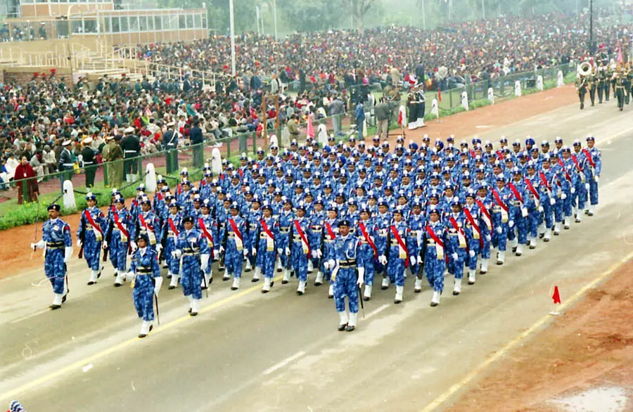 The Rapid Action Force contingent in blue camouflage at the Republic Day parade rehearsal, New Delhi, 2004