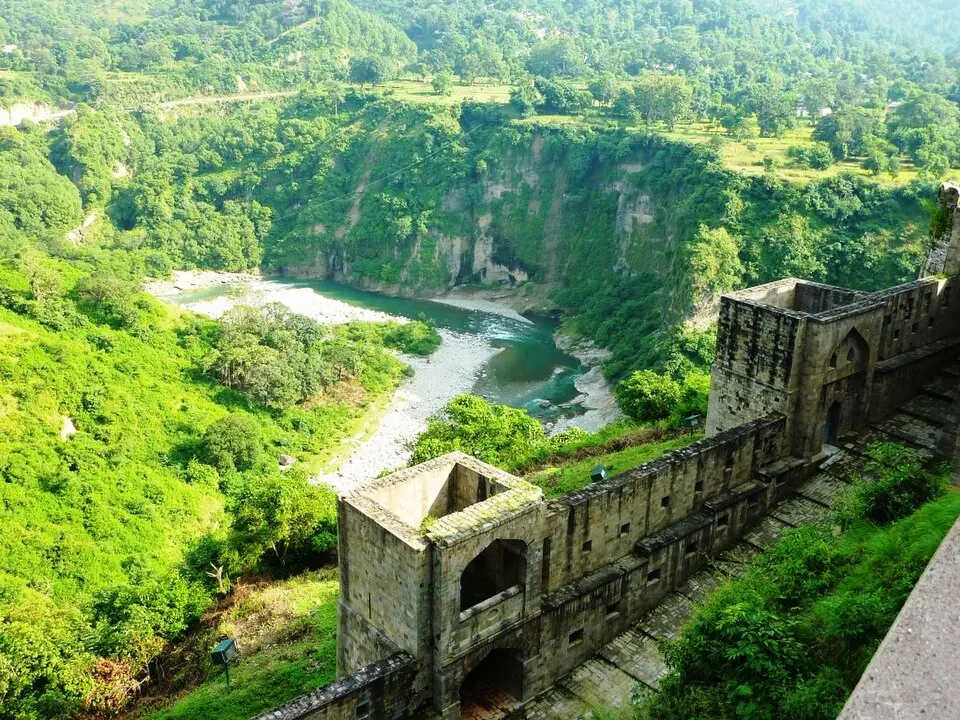 Kangra fort: Nagarkot, the Kangra fort above its river, whose temple treasury Mahmud looted in 1009.