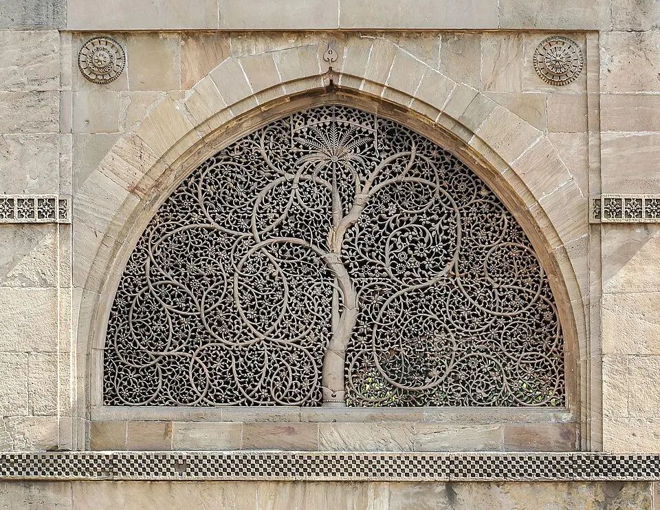 The tree jali, Sidi Saiyyed mosque: The celebrated tree jali of the Sidi Saiyyed mosque, now the emblem of Ahmedabad.